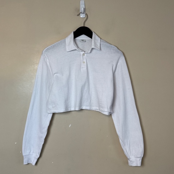 Sunday Best Roland Long Sleeve. Cropped White Long-Sleeve Polo. XS P2P 21" - Picture 3 of 7